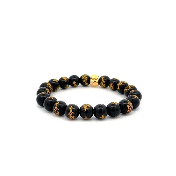 18K Gold Money Bag Black Agate Gemstones 7.5-8mm Lucky Charm Elastic Bracelet - Picture 5 of 5